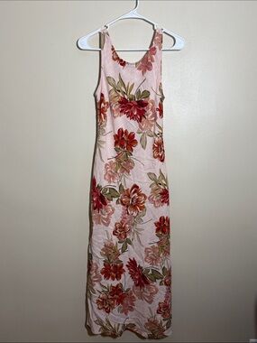 Paper Heart Pink Red Linen Blend Floral Midi Sleeveless Dress